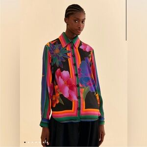 Farm Rio Black Flower Season Black Scarf Shirt Anthro Floral Top Blouse XS NEW